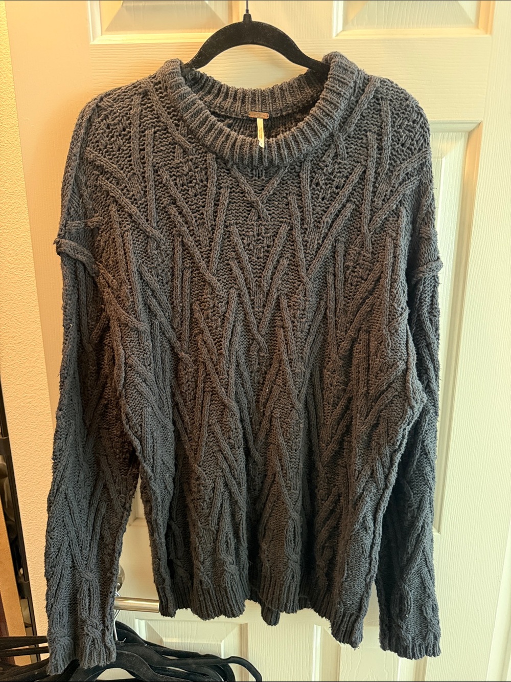 Free People Women's Charcoal Cable Knit Crewneck Sweater